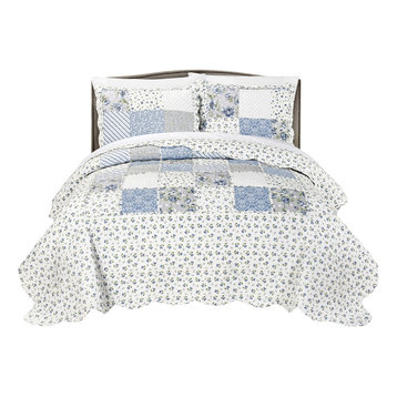 MHF Home Brenna 3-piece Reversible Floral Patchwork Quilt Set, Blue, Full/Queen