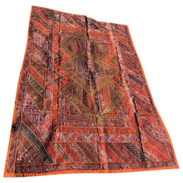 Vintage SARI TAPESTRY, Orange Red Hand Embroidered Patchwork Tapestry