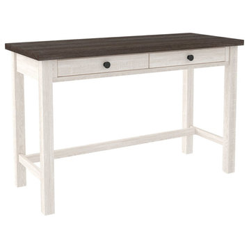Wooden Writing Desk With Block Legs And 2 Storage Drawers, Gray And White