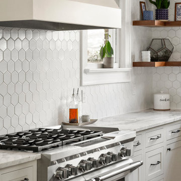 White Hex Tiles Backsplash with Classic Range Hood