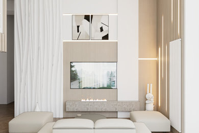 Exemple d'une grande salle de séjour tendance en bois avec un mur marron, parquet clair, aucune cheminée, un sol marron, un plafond à caissons et éclairage.