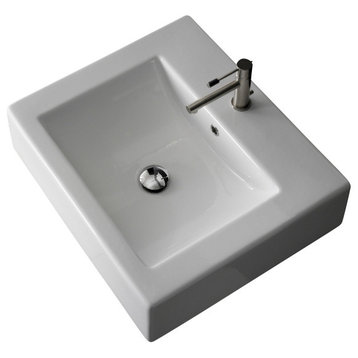 Square White Ceramic Wall Mounted or Vessel Sink, Three Hole