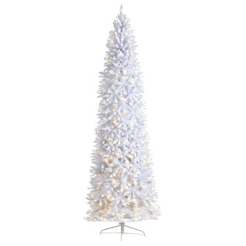 10' Slim White Faux Xmas Tree W/ 800 Warm White Lights & 2420 Bendable Branches