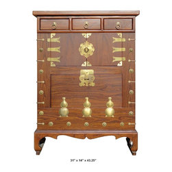 Chinese Brown Color Bronze Gourd Motif Wooden Cabinet - Side Tables And End Tables