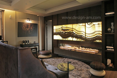 Идея дизайна: гостиная комната в стиле фьюжн