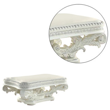 Benzara BM276274 Coffee Table, Raised Scrolled Pedestal, Ornate Motif, White