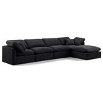 Meridian Furniture - Indulge Upholstered Modular L-Shaped Sectional, Black, 5-Piece: 2 Armless Chair, 2 Corner Chair, 1 Ottoman, Down Stuffed Velvet - Experience ultimate comfort and style with our black velvet Indulge Sectional. The luxurious velvet will elevate the aesthetic of any room. This sofa provides ample space for you to relax while its modular build offers the option of unlimited configurations. Whether you're looking to add a stylish element to your living room or a comfortable seating option to your bedroom, this sofa is the perfect choice.