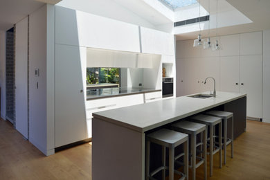 Design ideas for a large modern eat-in kitchen in Sydney with a double-bowl sink, white cabinets, concrete benchtops, mirror splashback, light hardwood floors and with island.
