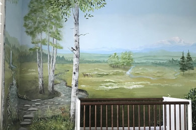 Baby girl nursery mural with outdoor meadow and stream