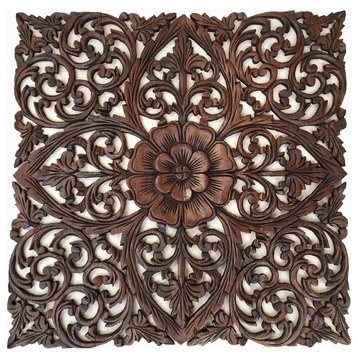 Beautiful Oriental Large Floral Wood Carved Wall Hanging,  24" Square
