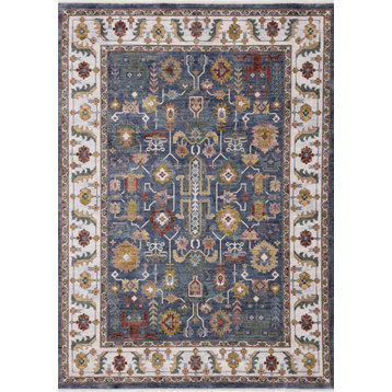 Olivia Collection Blue Red Modern Tribal Border Rug, 5'3"x7'10"