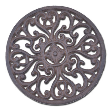 Decorative Round Cast Iron Trivet, Ornate Heart Design, 7" Wide