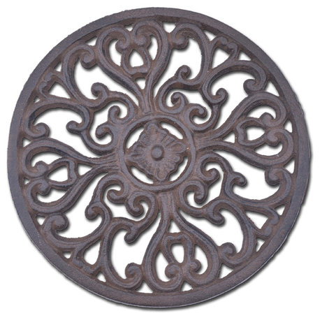 Decorative Round Cast Iron Trivet, Ornate Heart Design, 7" Wide