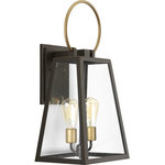 Progress Lighting - Barnett Wall Lantern - Barnett lanterns deliver timeless appeal with a decidedly modern flair. Large clear panes of glass frame your choice of traditional or vintage style bulbs. A graphic-inspired overscaled loop features a contrasting brass-tone finish. Uses (2) 60-watt medium bulbs (not included).