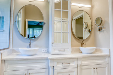 Mid-sized transitional master white tile bathroom photo in Miami with flat-panel cabinets, white cabinets, quartz countertops and white countertops