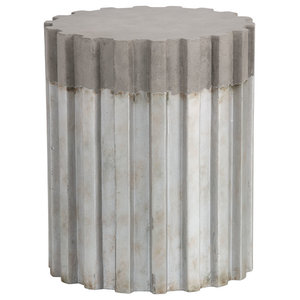 Contemporary Wooden Plank Drum Table Metal Top Home Accent Decor Sunpan 103375 Pele Pedestal Silver And Natural Finish