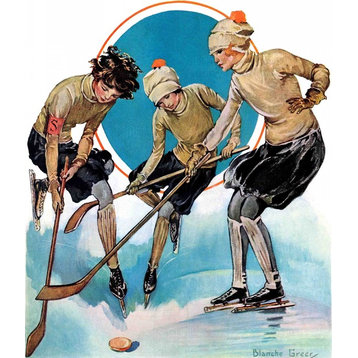 "Girls Playing Ice Hockey" Painting Print on Canvas by Blanche Greer