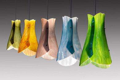 Five gorgeous art-glass Lilia pendants shown in just a few of our dramatic art g