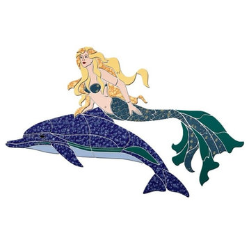 Mermaid & Crystal Dolphin Ceramic Swimming Pool Mosaic 60"x38", Teal
