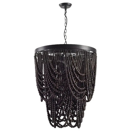 Boho Wooden Bead Chandelier Cascade 3-Light Pendant Light, Matte Black