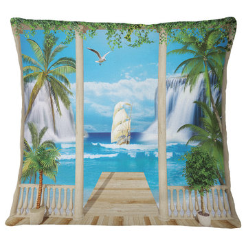 Wooden Terrace With Sea View Landscape Photography Throw Pillow, 18"x18"