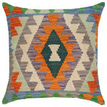 Bareens Designer Rugs - Boho Chic Turkish Noelle Hand Woven Kilim Throw Pillow - Embellish your home with this timeless casual chic handmade Southwestern Kilim throw pillow covers made with and cotton. Constructed on a loom by Nomad Turkman people with hand spun and Natural Vegetable dyes these beautiful Kilim pillow covers are known for their beautiful repetitive geometrical, naturalistic floral and traditional patterns yet still giving it a moden look. Masterfully artisan-crafted on traditional Kilim looms with a contemporary fashion palette producing bold intricate sharp patterns making them a standout piece in any decor.