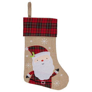 19" Burlap Plaid Whimsical Santa Waiving Christmas Stocking