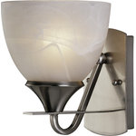 Volume Lighting - Durango 1-Light Brushed Nickel Interior Wall Sconce - This Durango 1-Light Brushed Nickel Interior Wall Sconce is UL listed, Damp location rated, and hardwired. This fixture features a(n) A19 base with a 100 watt max.