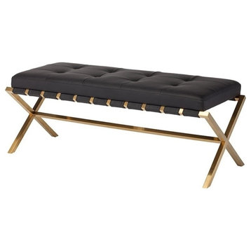 Nuevo Auguste 47.25" Faux Leather Tufted Bench in Black and Gold