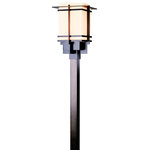 Hubbardton Forge - Tourou Large Outdoor Post Light, Coastal Black Finish, Opal Glass - Although the design is in honor of traditional Japanese stone lanterns, our Tourou Outdoor fixture is much easier to post-mount outside home or business. Metals bands crisscross and hug the square glass tube for design flare.