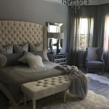 Wingback headboard, bed frame, and bench set.