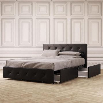 DHP Dakota Queen Upholstered Bed with Storage Drawers in Black Faux Leather