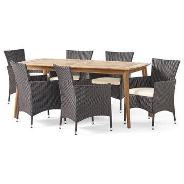 GDF Studio 7-Piece Matthew Outdoor Dining Set With Acacia Table and Cushions