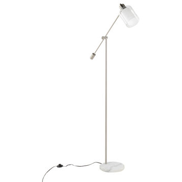 Marcel Floor Lamp, White Marble/Nickel Metal With Clear/Frosted Glass Shade
