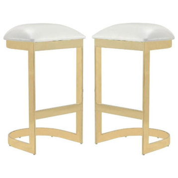 Home Square 29" Faux Leather Barstool in White & Polished Brass - Set of 2