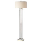 Uttermost - Monette Floor Lamp - This lamp features a clear acrylic tall cylinder, accented with light champagne nickel plated details and thick crystal accents. The round hardback drum shade is an off-white linen fabric with light slubbing.