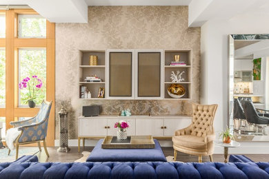 Transitional open concept dark wood floor family room photo in Vancouver with a concealed tv