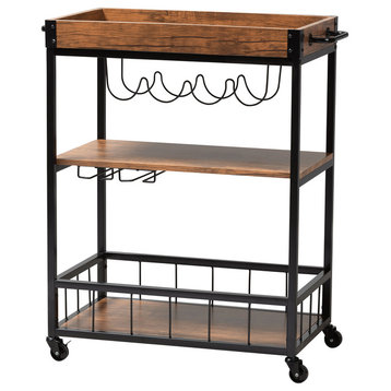 Jerry Rustic Industrial Oak Brown and Black Mobile Bar Cart With Wine Rack