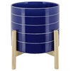 10" Striped Planter With Wood Stand, Navy