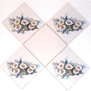 Daisy and Blue Forget Me Not Flower Kiln Fired Ceramic Tile, Set of 4