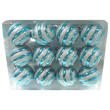Aqua Ball Ornament With Silver Glitter Line Design, 12-Pack