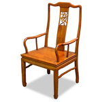 China Furniture and Arts - Rosewood Flower and Bird Motif Arm Chair - Made of solid rosewood, the center panel and the sides form a unity of graceful lines on this open-back armchair. Curved to fit human anatomy, this one panel back amazingly supports your back and waist as comfortably as any other design. Constructed with traditional joinery technique. Unique horseshoe design of the leg. A delicately carved flower and birds motif takes the center of the back with eye-catching effect. Hand-applied clear lacquer finish enhances the beauty of the natural wood grain.