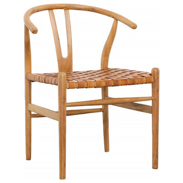 Bernice Leather and Teak Dining Chair, Tan Leather and Natural Wood