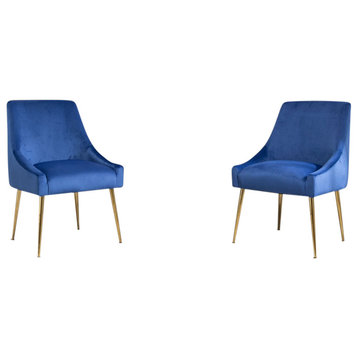 Velvet Upholstered Wing Back Chair With Golden Plated Legs, Set of 2, Blue