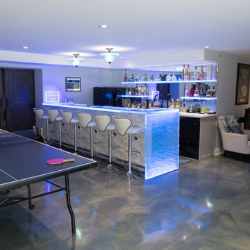 Glass private man bar and shelves with waterfall leg and led lights
