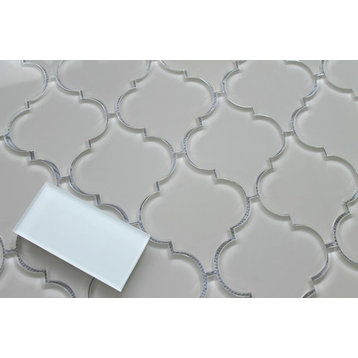 Country Cottage Light Taupe Arabesque Glass Mosaic Tile, 12"x12"
