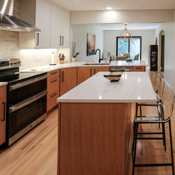 Two Tone Contemporary Euro Beech Wood and White Cabinetry Kitchen