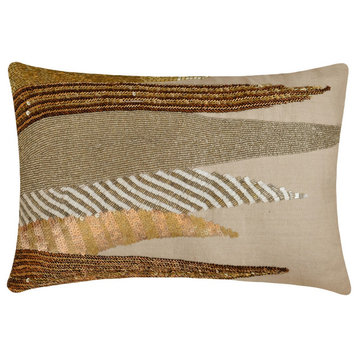 Gold Brown Linen 12"x18" Lumbar Pillow Cover Beaded, Sequins Casting A Glow