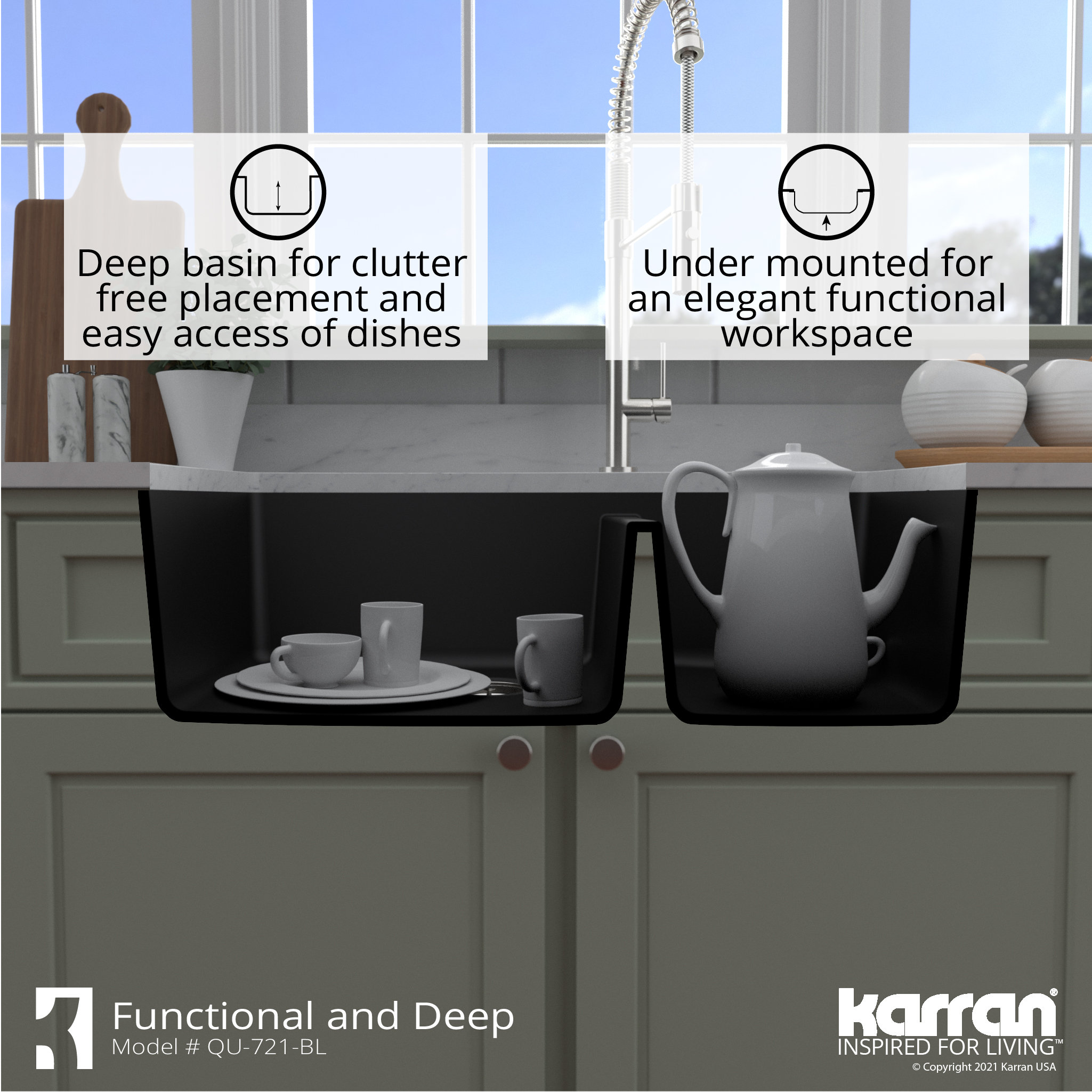 Karran Undermount Quartz 33" 60/40 Double Bowl Kitchen Sink, Black