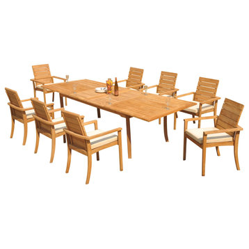 9-Piece Outdoor Teak Dining Set: 117" Rectangle Table,8 Alps Stacking Arm Chairs
